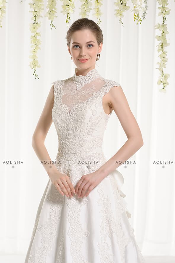 Sleeveless V_Neckline Lace Applique Inllusion Ball Gown
